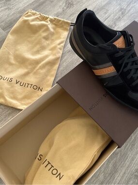 Louis Vuitton Black Leather Sneakers with Brown Accent Stripe ( With Box ✅ )
